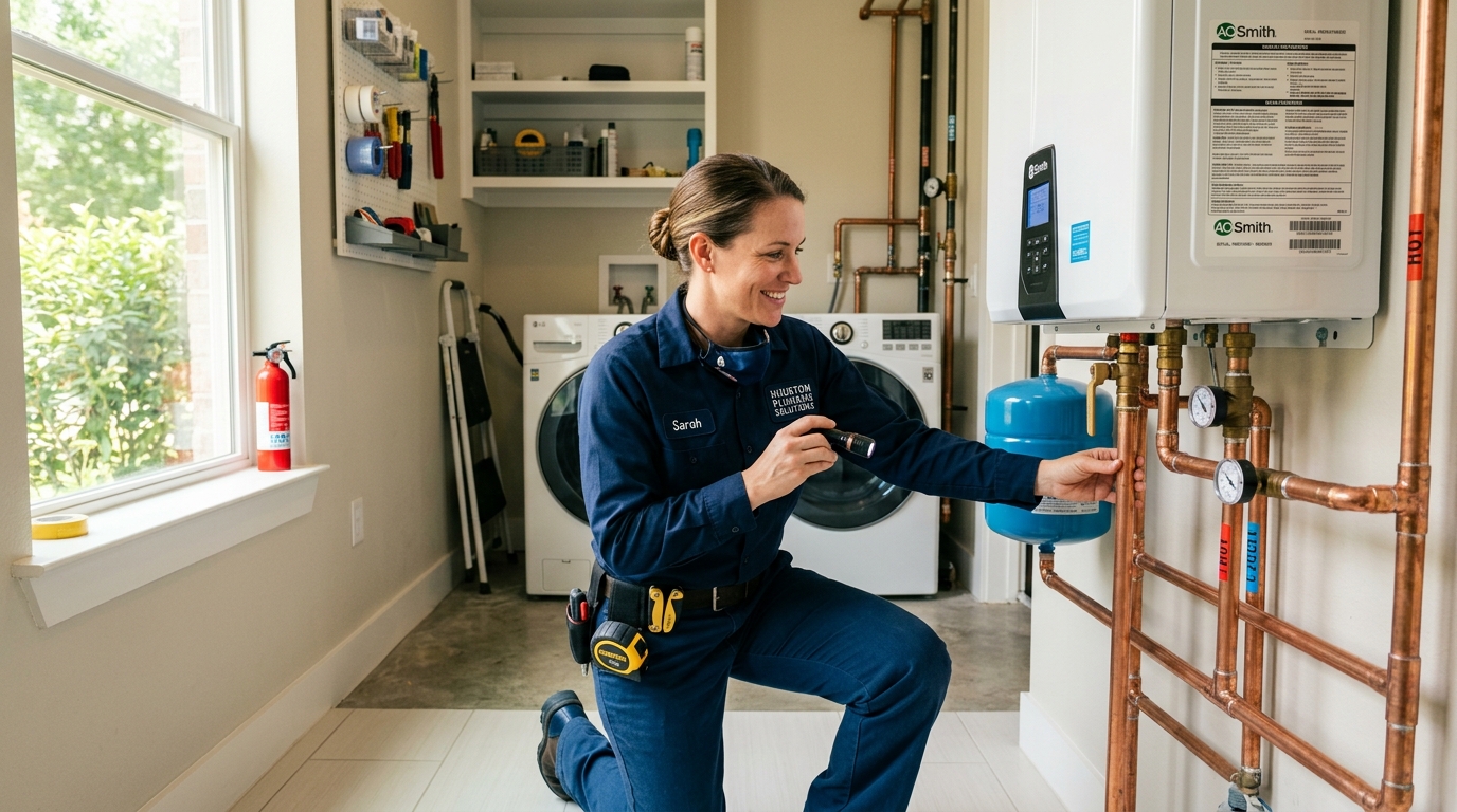 Professional plumber inspecting residential copper pipes and water heater in Houston