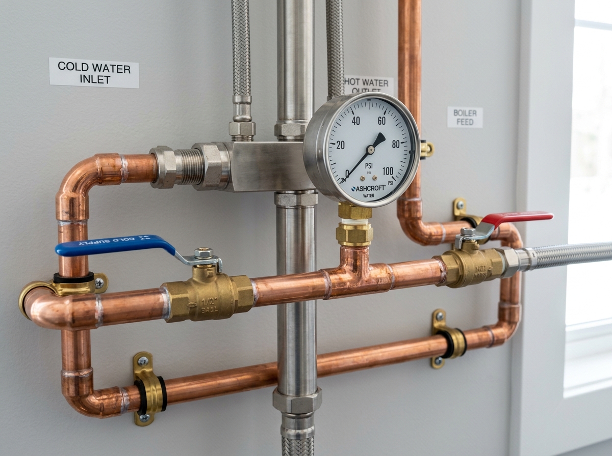 Clean copper plumbing valves, pressure gauges, and precise waterline installation